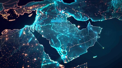 Digital Illustration of an Abstract Network Map of Saudi Arabia Linking the Middle East and North Africa for Global Data Transfer
