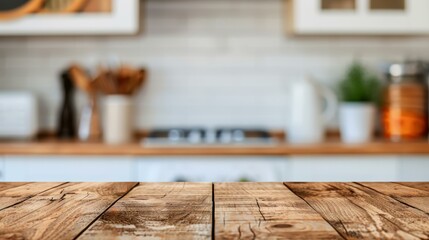 Poster - A rustic wooden table captures attention with its rich grain, set against a softly blurred kitchen backdrop for branding.