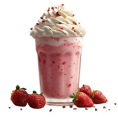 Wall Mural - Glass of strawberry smoothie with whipped cream isolated on white background