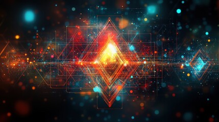 Generative AI abstract illustration of geometric shapes and structures in colorful neon colors and lights in cyberspace against dark background