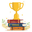 © solthanya - Gold trophy cup with stack of books, Winner prize goblet. Learn and succeed concept.