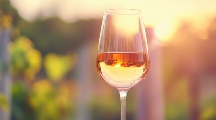 Wall Mural - A stunning glass of ros wine glows against a sunset backdrop in a serene vineyard, setting the perfect mood.