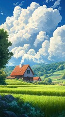 Wall Mural - A peaceful anime landscape with a charming red-roofed farmhouse, surrounded by green rice fields, rolling hills in the distance, and a blue sky filled with large clouds.