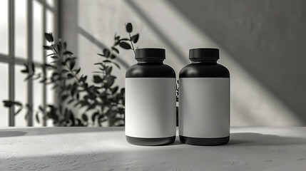 Two black bottles with white labels sit on a white countertop with a blurred out leafy plant in the background.