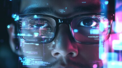 Close-up of a man's eye looking into a computer screen, with code reflected in his glasses, highlighting the digital world and its impact on our lives.