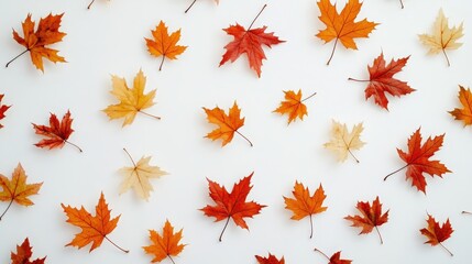 Wall Mural - Elegant and minimalist design featuring maple leaves in fall colors on a white background, perfect for a fresh and modern look