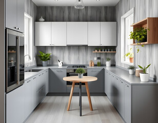 A kitchen with a table and a potted plant on the table