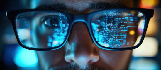 Close up of a man wearing glasses with a computer screen reflected in them, showing a blue code.