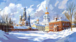 © Thiago - Kolomna, russia december, the ensemble of the buildings of the cathedral square in kolomna kremlin in sunny winter day. view from the bank of the moskva river. Russian Cathedral. Illustration