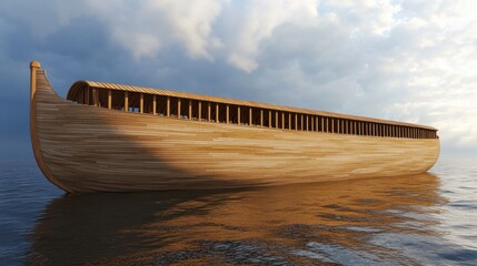 Large wooden ark floating on vast waters, clouds in the background