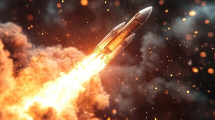 Realistic 3D illustration of a space rocket launch, capturing the moment of ignition with dynamic fire and smoke effects