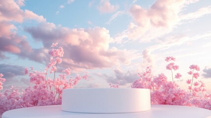 Wall Mural - Romantic 3D scene with a podium and dreamy sky backdrop, perfect for showcasing natural beauty products