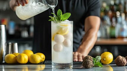 Wall Mural - A bartender pouring lychee lemonade into a tall glass filled with ice, with fresh lychees, mint leaves, and lemons on the bar for garnish.