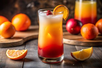 Tequila sunrise cocktail with orange slice and raspberry garnish