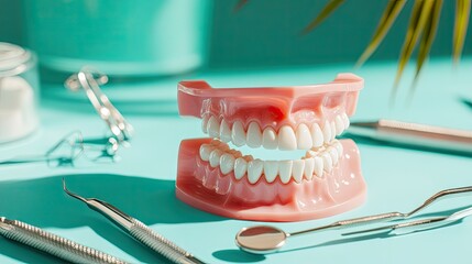 A professional image of a dental care setup, showcasing a plastic teeth model and instruments, all on a blue backdrop, highlighting the importance of oral health.