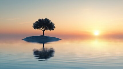 A serene scene of a heart tree on a floating island amidst a calm sea, reflecting the tree silhouette in the water, promoting themes of love and peace.