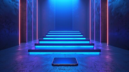 Wall Mural - a smartphone lies on a set of stairs illuminated by neon lights in a dark, futuristic space.