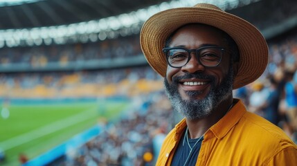 Wall Mural - Cheerful middleaged Black man wearing casual clothes in a sports stadium