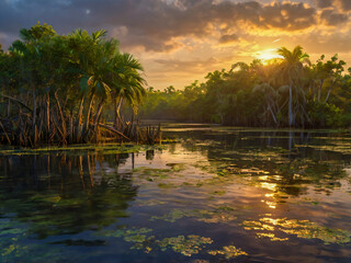 Wall Mural - sunset over the river