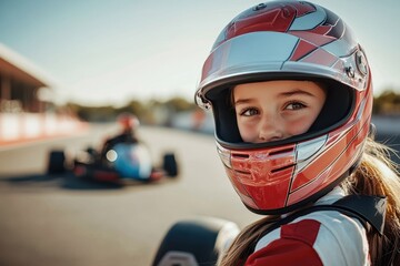 Wall Mural - Girl racer posing by kart in helmet on sunny day