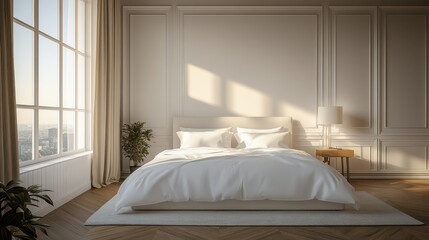 Wall Mural - In the bedroom, there is a large window with curtains and a white double bed with white pillows. There is a lamp and furniture on the wooden floor.