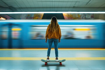 Girl with longboard at subway platform watching train pass by Woman with skateboard looks on