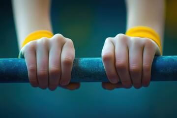 Girls gymnasts perform uneven bars exercises with hand grips in competitive gymnastics