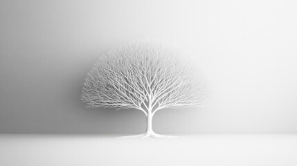 Elegant abstract tree shape in white, rising from a light grey background, with minimal decoration, background, no blur, photo not dark, everything is clear, copy space