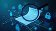 © artmozai - A detailed IT Security Risk Assessment concept depicted with a magnifying glass focused on a document within an abstract technological atmosphere symbolizing scrutiny and protection