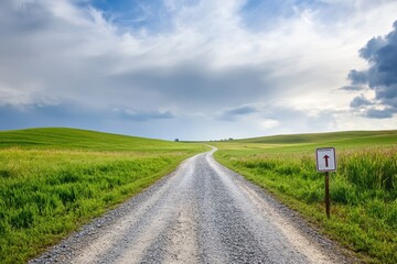 Gravel road next to green grass with cloudy sky and road sign nearby