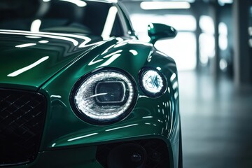 Poster - Green modern car with front headlights on black background copy space