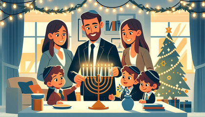 Flat Candid shot of family lighting the menorah at home holiday gathering concept as A candid photo of a family lighting the menorah at home surrounded by festive decorations. The image captures the w