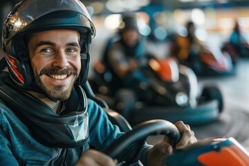 Wall Mural - Happy man in helmet and others karting indoors