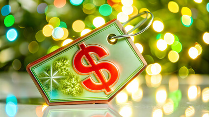 Close up of a holographic discount tag attached to a glowing currency symbol with copy space concept as A macro image showing a holographic discount tag affixed to a glowing currency symbol set agains