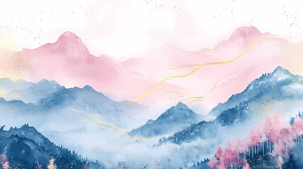 Traditional Chinese pink and blue mountain poster background