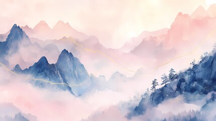 Traditional Chinese pink and blue mountain poster background