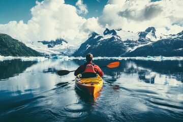 Kayaker paddling on glacier lake on active day