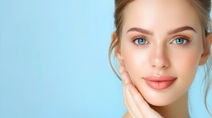 Closeup of woman with clean fresh skin touching her own face for natural facial treatment and cosmetology