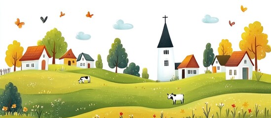 Canvas Print - A charming rural village nestled amongst rolling hills and green meadows, with a church steeple reaching for the sky, and cows grazing peacefully.