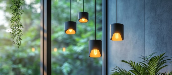 Canvas Print - Four modern pendant lights with warm light illuminate a room with a window view of green foliage and an indoor plant.