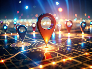 vibrant map featuring GPS location markers and illuminated pins, showcasing digital landscape filled with light and connectivity. scene evokes sense of exploration and navigation