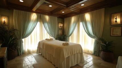 Wall Mural - Elegant spa treatment room with soft lighting, shot from a corner perspective, emphasizing relaxation and tranquility 