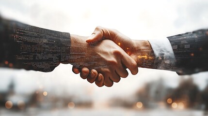 A handshake blended with coding screens, servers, and futuristic data networks, representing partnerships in tech and cybersecurity. The white background adds a sleek, modern tech feel.