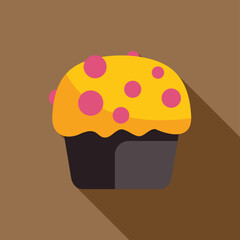 Wall Mural - This vector illustration features a single cupcake with yellow frosting and pink sprinkles, casting a long shadow on a brown background