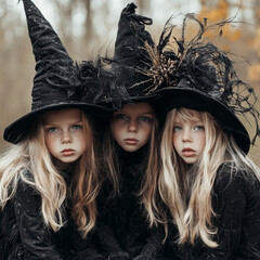  3 Girls in a black witch costume modern cosplay for Halloween 