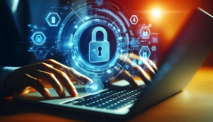 Cybersecurity Concept With Hands on Laptop and Digital Lock Icon