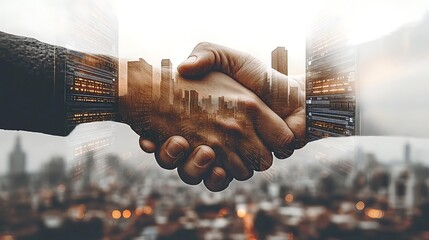 Double exposure of a handshake overlaid with computer servers, coding interfaces, and network systems, symbolizing tech collaboration and data security. The white background adds a modern, sleek,