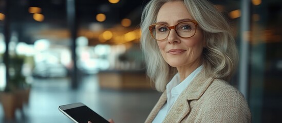 Confident businesswoman looking at the camera while holding a digital tablet in a modern office setting.