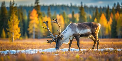 forced perspective image of tamed reindeer grazing in siberian taiga