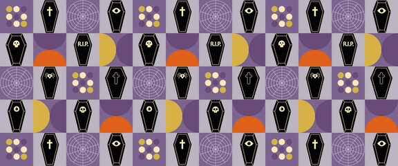 Geometric seamless pattern Bauhaus Halloween of abstract modern shapes with horror holiday characters.